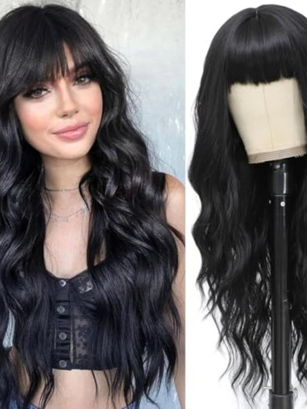 Black Wig with Bangs for Women Long Black Wavy Wigs 26 Inch Natural Black Wigs